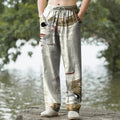Nimara Ritual Cotton White Crane Wave Pattern Men's Tapered Pants With Pockets