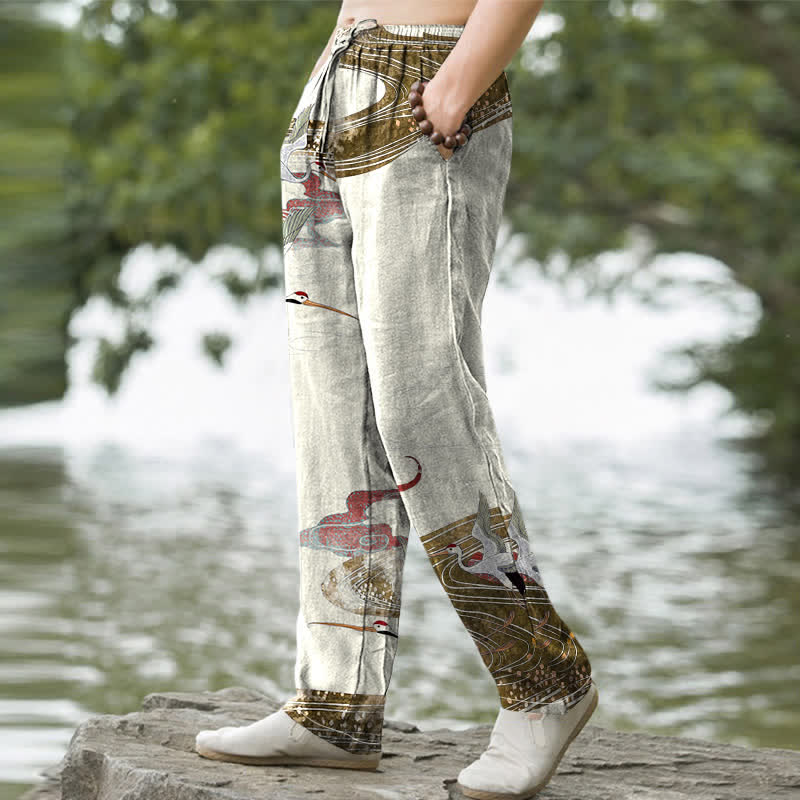 Nimara Ritual Cotton White Crane Wave Pattern Men's Tapered Pants With Pockets