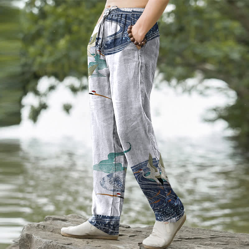 Nimara Ritual Cotton White Crane Wave Pattern Men's Tapered Pants With Pockets