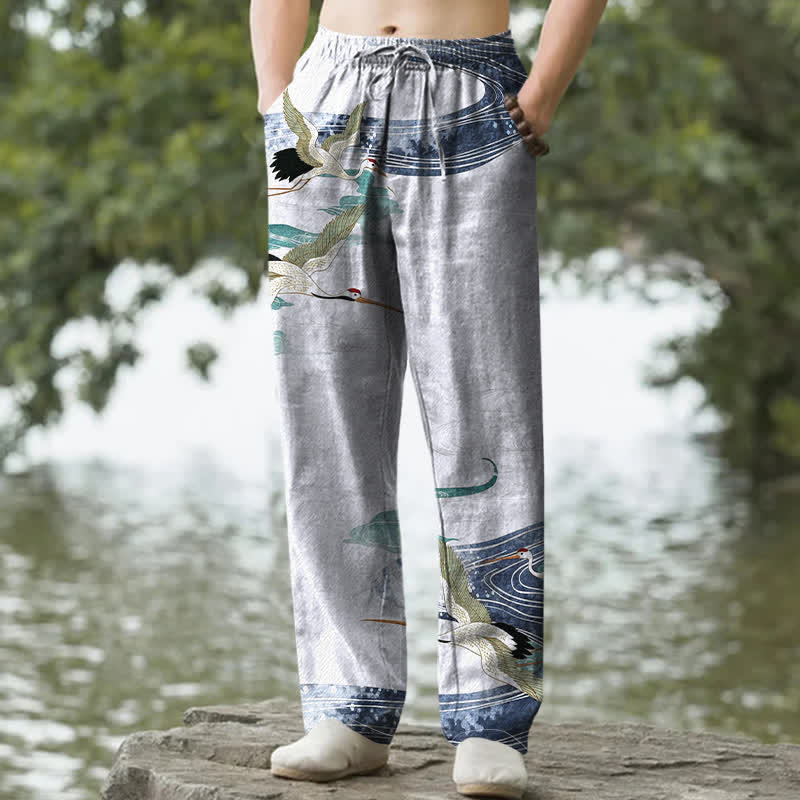 Nimara Ritual Cotton White Crane Wave Pattern Men's Tapered Pants With Pockets