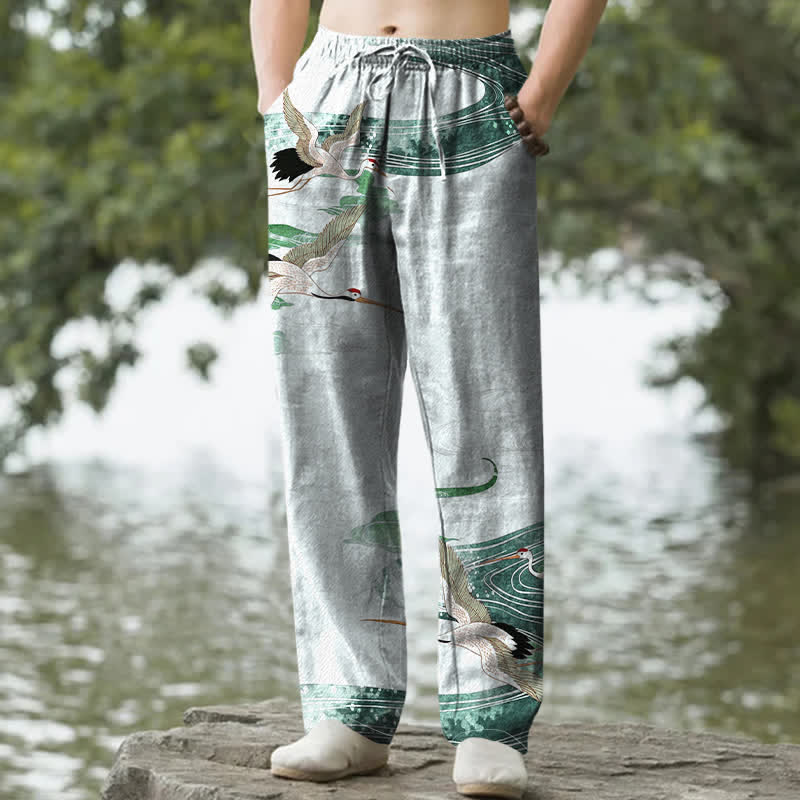 Nimara Ritual Cotton White Crane Wave Pattern Men's Tapered Pants With Pockets