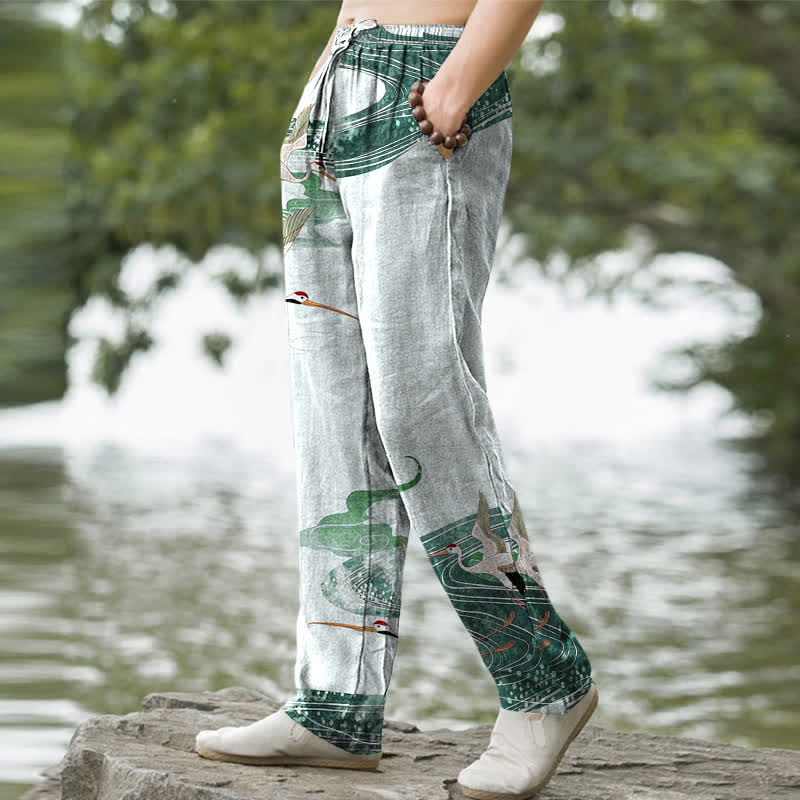 Nimara Ritual Cotton White Crane Wave Pattern Men's Tapered Pants With Pockets