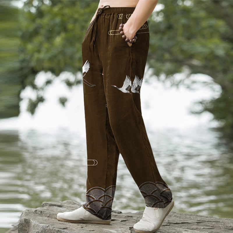 Nimara Ritual Cotton White Crane Wave Pattern Men's Tapered Pants With Pockets