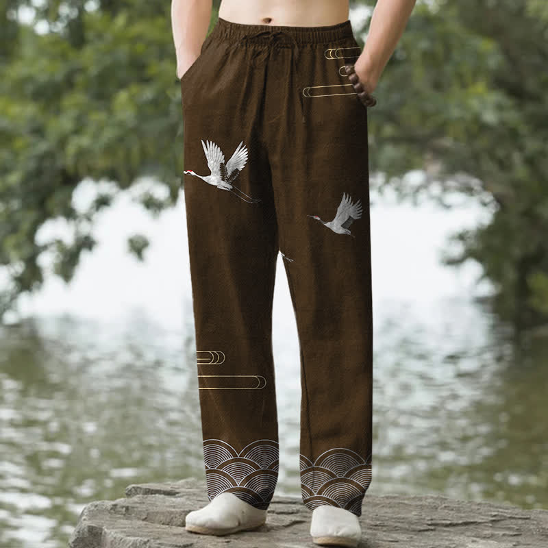 Nimara Ritual Cotton White Crane Wave Pattern Men's Tapered Pants With Pockets