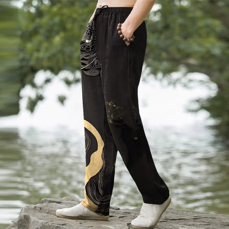 Nimara Ritual Cotton Golden Dragon Wave Pattern Men's Tapered Pants With Pockets