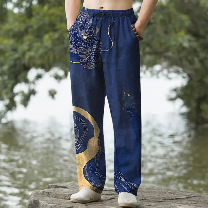 Nimara Ritual Cotton Golden Dragon Wave Pattern Men's Tapered Pants With Pockets