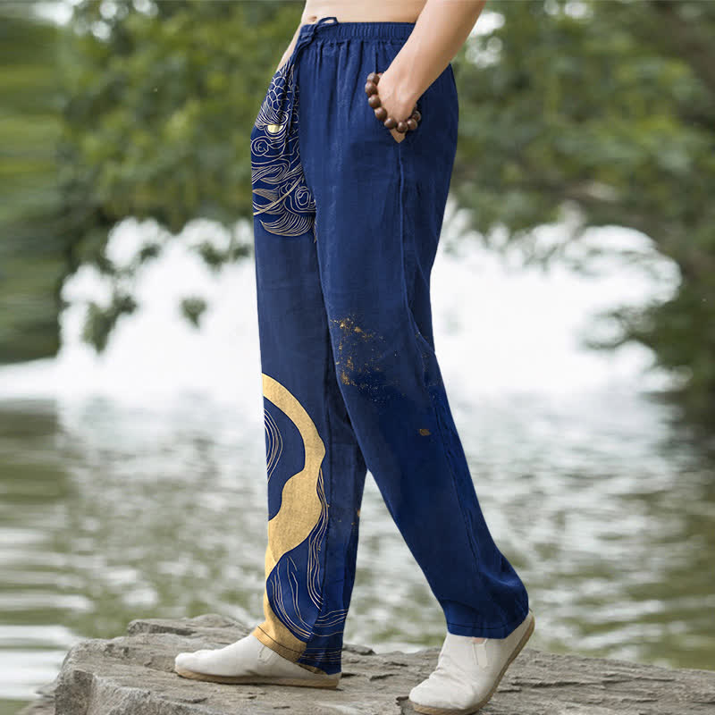 Nimara Ritual Cotton Golden Dragon Wave Pattern Men's Tapered Pants With Pockets