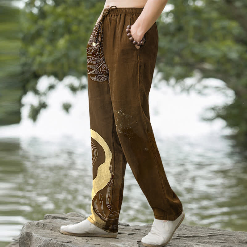 Nimara Ritual Cotton Golden Dragon Wave Pattern Men's Tapered Pants With Pockets