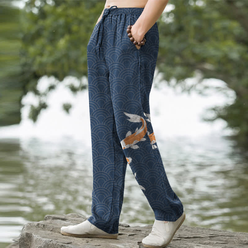 Nimara Ritual Cotton Koi Fish Wave Pattern Men's Tapered Pants With Pockets