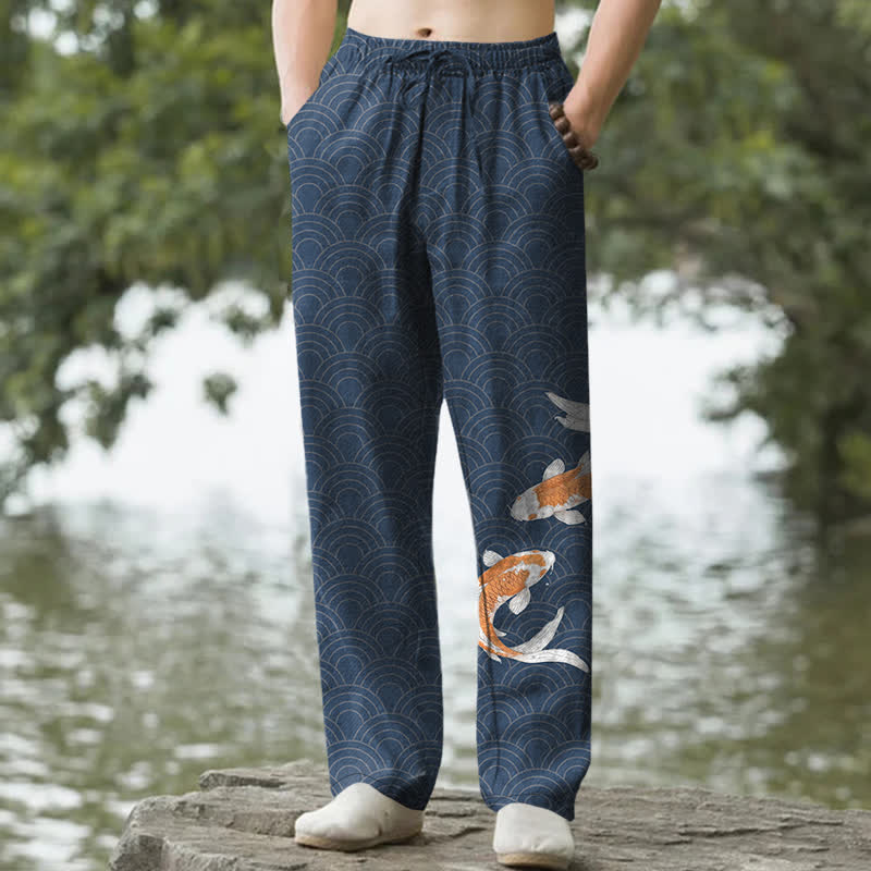 Nimara Ritual Cotton Koi Fish Wave Pattern Men's Tapered Pants With Pockets