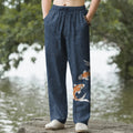 Nimara Ritual Cotton Koi Fish Wave Pattern Men's Tapered Pants With Pockets