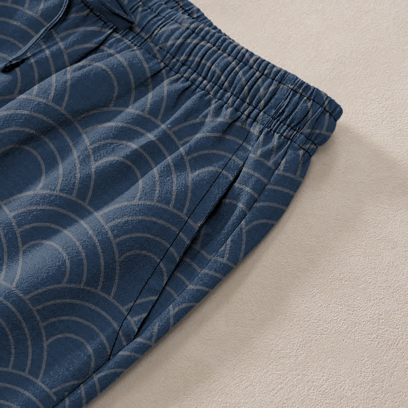 Nimara Ritual Cotton Koi Fish Wave Pattern Men's Tapered Pants With Pockets