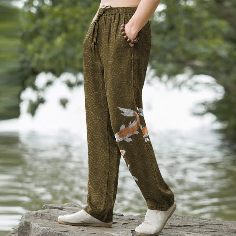 Nimara Ritual Cotton Koi Fish Wave Pattern Men's Tapered Pants With Pockets