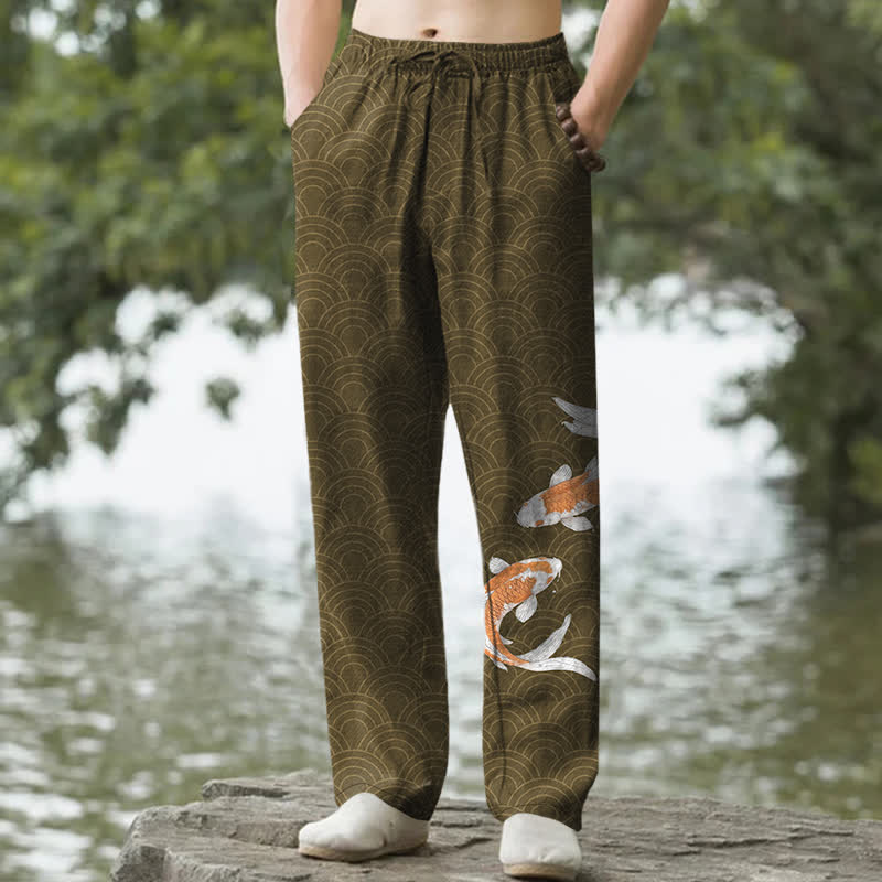 Nimara Ritual Cotton Koi Fish Wave Pattern Men's Tapered Pants With Pockets