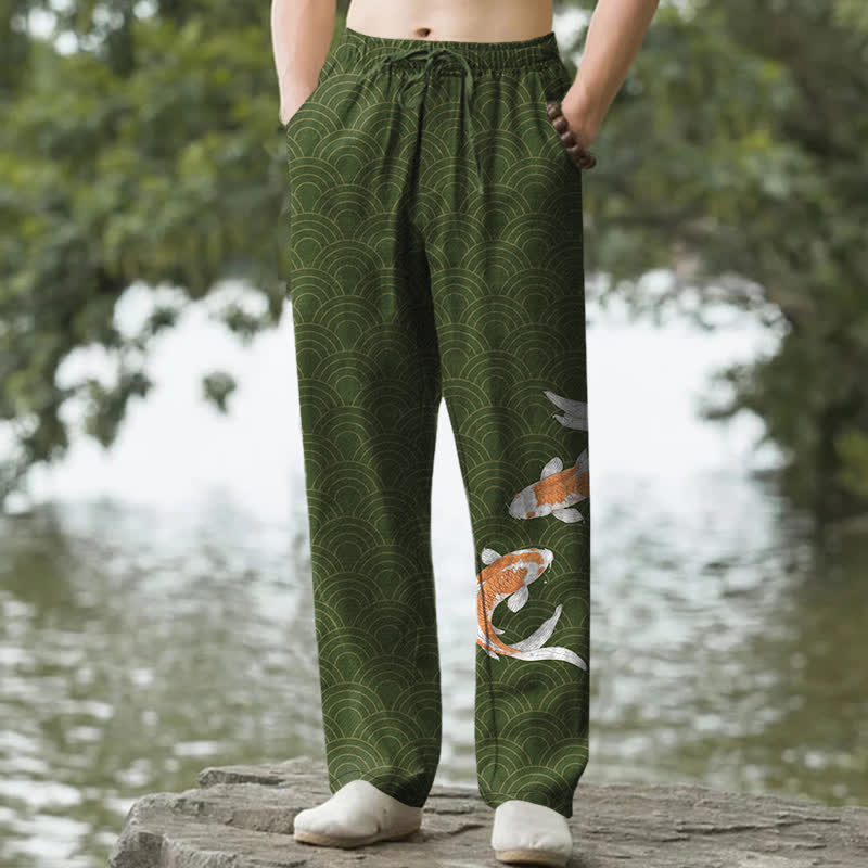 Nimara Ritual Cotton Koi Fish Wave Pattern Men's Tapered Pants With Pockets
