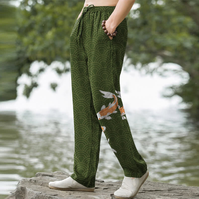 Nimara Ritual Cotton Koi Fish Wave Pattern Men's Tapered Pants With Pockets