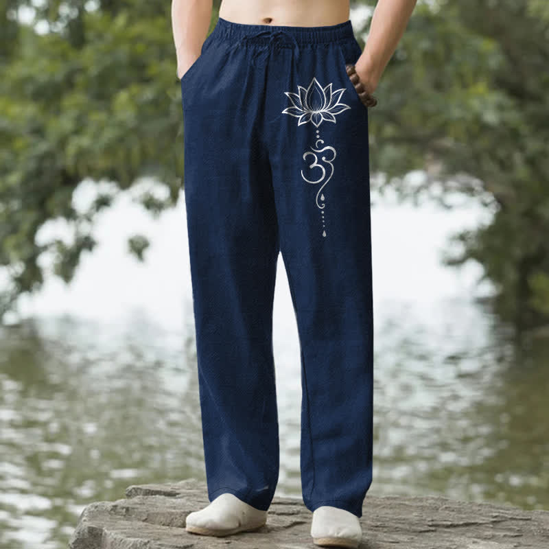 Nimara Ritual Cotton Lotus Om Pattern Men's Tapered Pants With Pockets