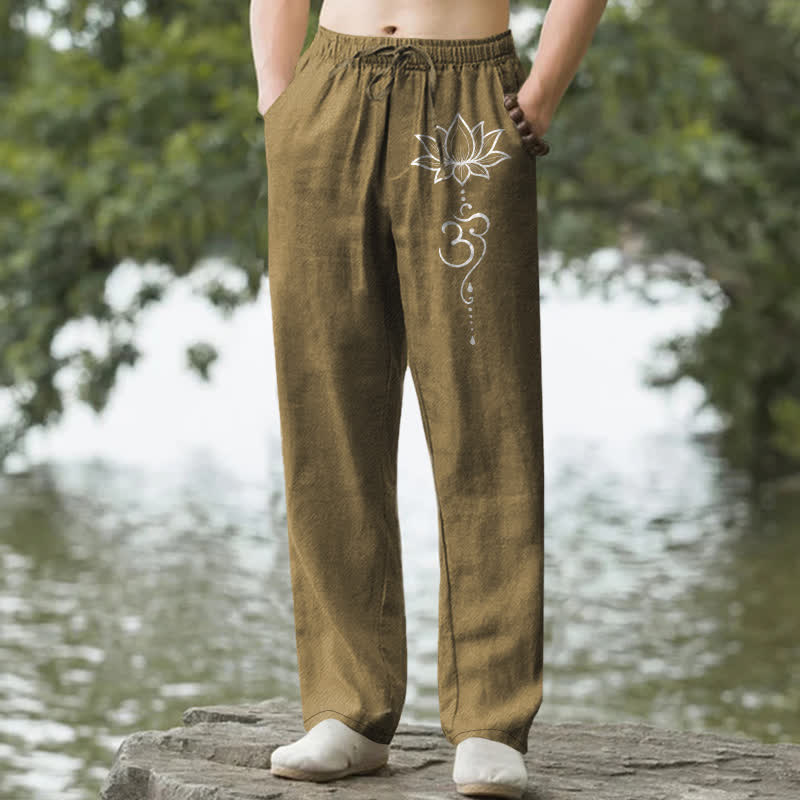 Nimara Ritual Cotton Lotus Om Pattern Men's Tapered Pants With Pockets