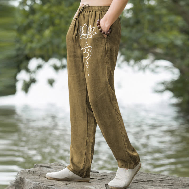 Nimara Ritual Cotton Lotus Om Pattern Men's Tapered Pants With Pockets