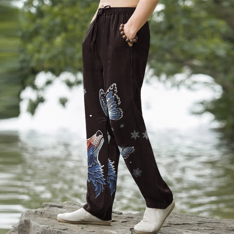 Nimara Ritual Cotton Butterfly Fox Pattern Men's Tapered Pants With Pockets