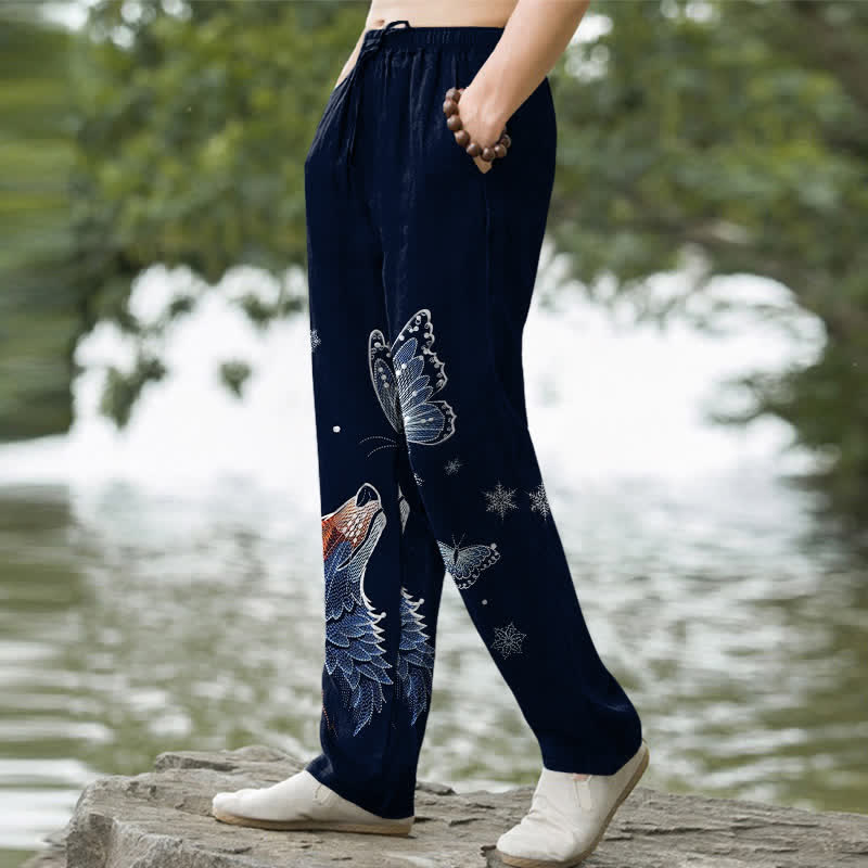 Nimara Ritual Cotton Butterfly Fox Pattern Men's Tapered Pants With Pockets