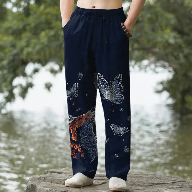 Nimara Ritual Cotton Butterfly Fox Pattern Men's Tapered Pants With Pockets