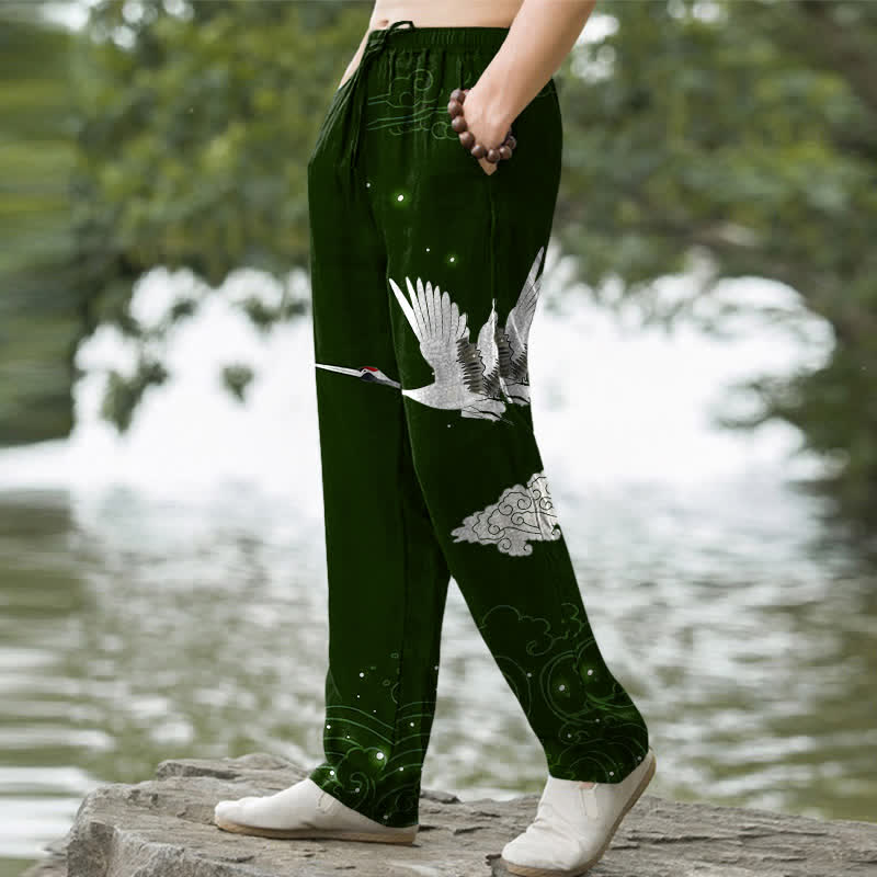Nimara Ritual Cotton Flying White Crane White Wave Pattern Men's Tapered Pants With Pockets