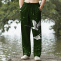Nimara Ritual Cotton Flying White Crane White Wave Pattern Men's Tapered Pants With Pockets