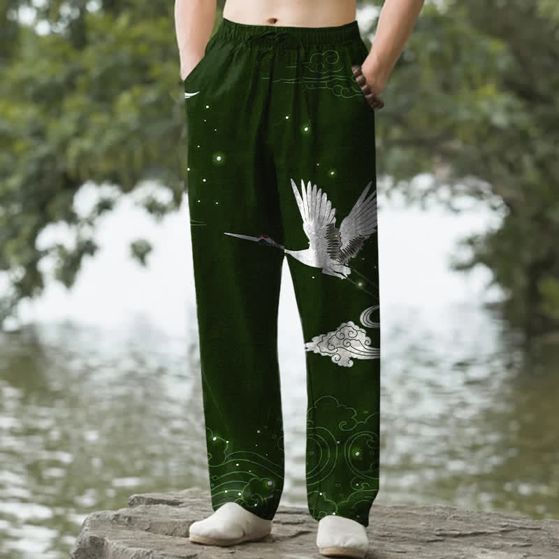 Nimara Ritual Cotton Flying White Crane White Wave Pattern Men's Tapered Pants With Pockets