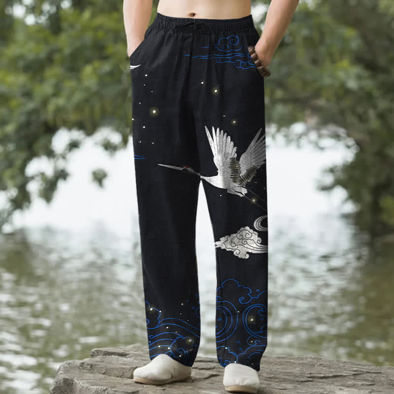 Nimara Ritual Cotton Flying White Crane White Wave Pattern Men's Tapered Pants With Pockets