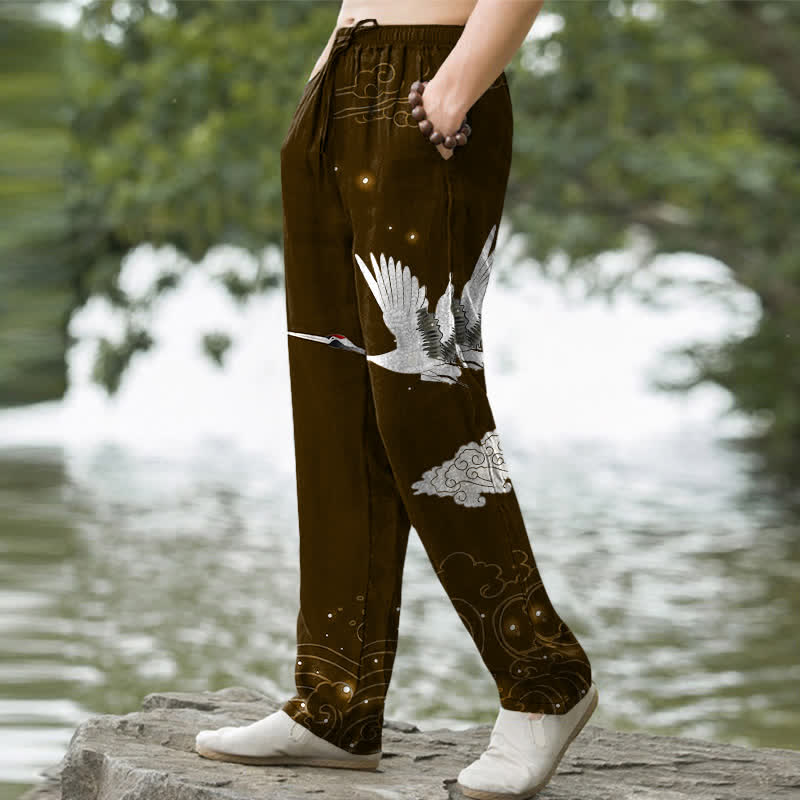 Nimara Ritual Cotton Flying White Crane White Wave Pattern Men's Tapered Pants With Pockets