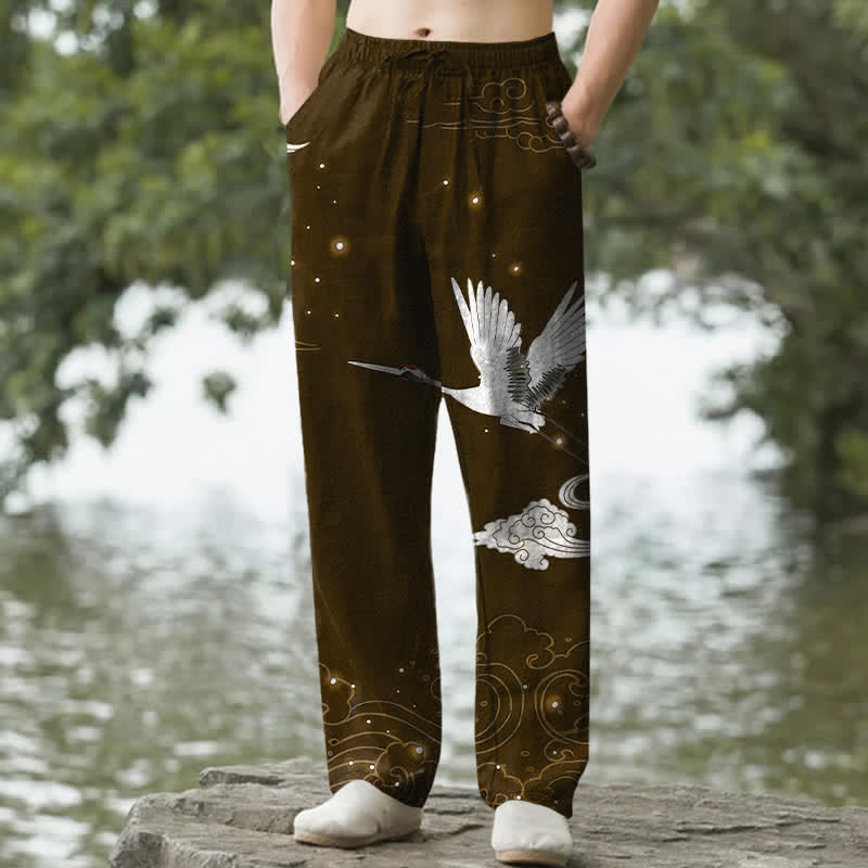 Nimara Ritual Cotton Flying White Crane White Wave Pattern Men's Tapered Pants With Pockets