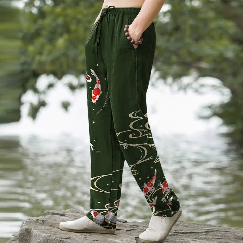 Nimara Ritual Cotton Red White Koi Fish Water Ripple Pattern Men's Tapered Pants With Pockets