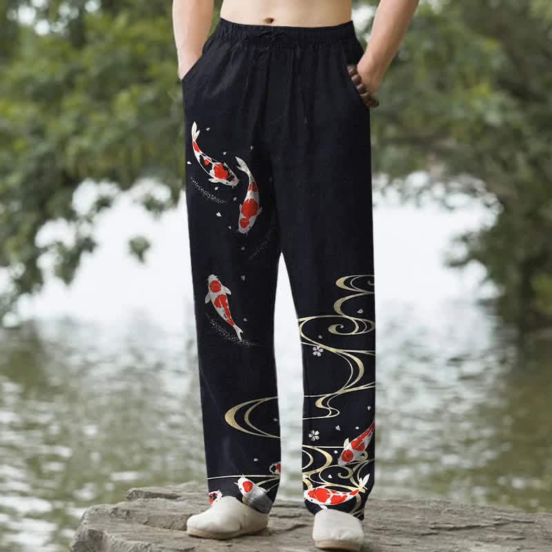 Nimara Ritual Cotton Red White Koi Fish Water Ripple Pattern Men's Tapered Pants With Pockets