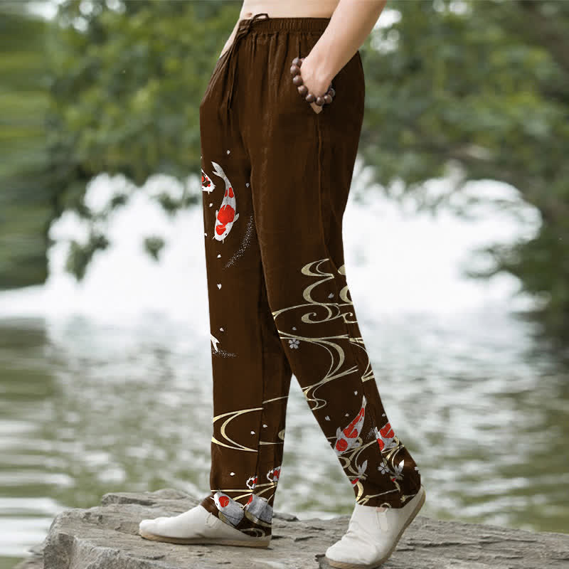 Nimara Ritual Cotton Red White Koi Fish Water Ripple Pattern Men's Tapered Pants With Pockets
