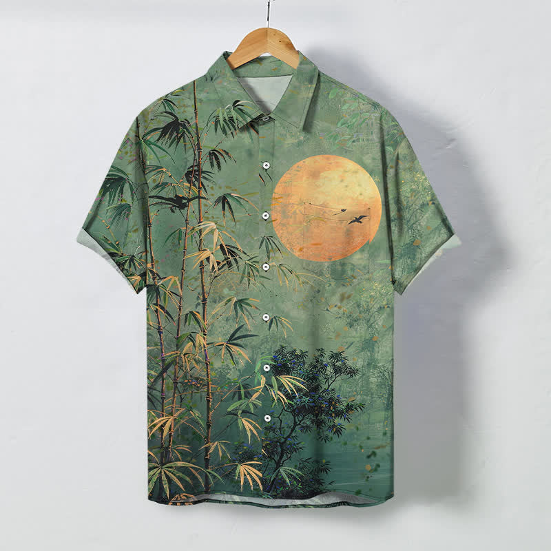 Nimara Ritual Bamboo Moon Birds Pattern Buttons Breathable Men's Short Sleeve Shirt