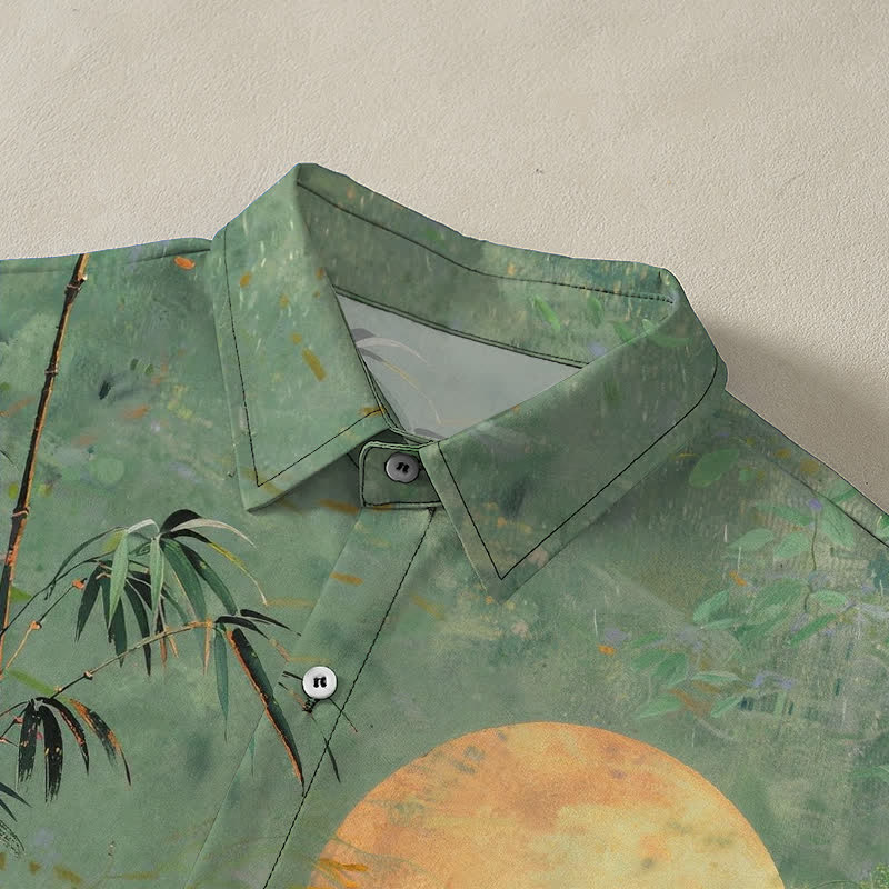 Nimara Ritual Bamboo Moon Birds Pattern Buttons Breathable Men's Short Sleeve Shirt
