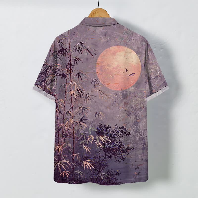Nimara Ritual Bamboo Moon Birds Pattern Buttons Breathable Men's Short Sleeve Shirt