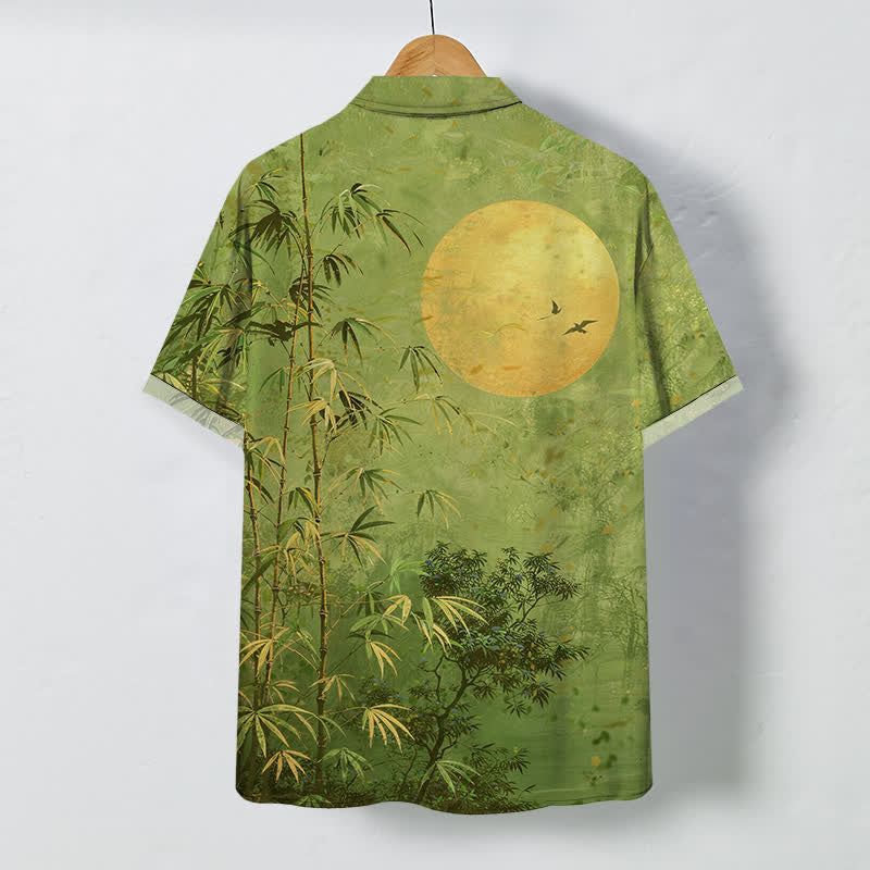 Nimara Ritual Bamboo Moon Birds Pattern Buttons Breathable Men's Short Sleeve Shirt
