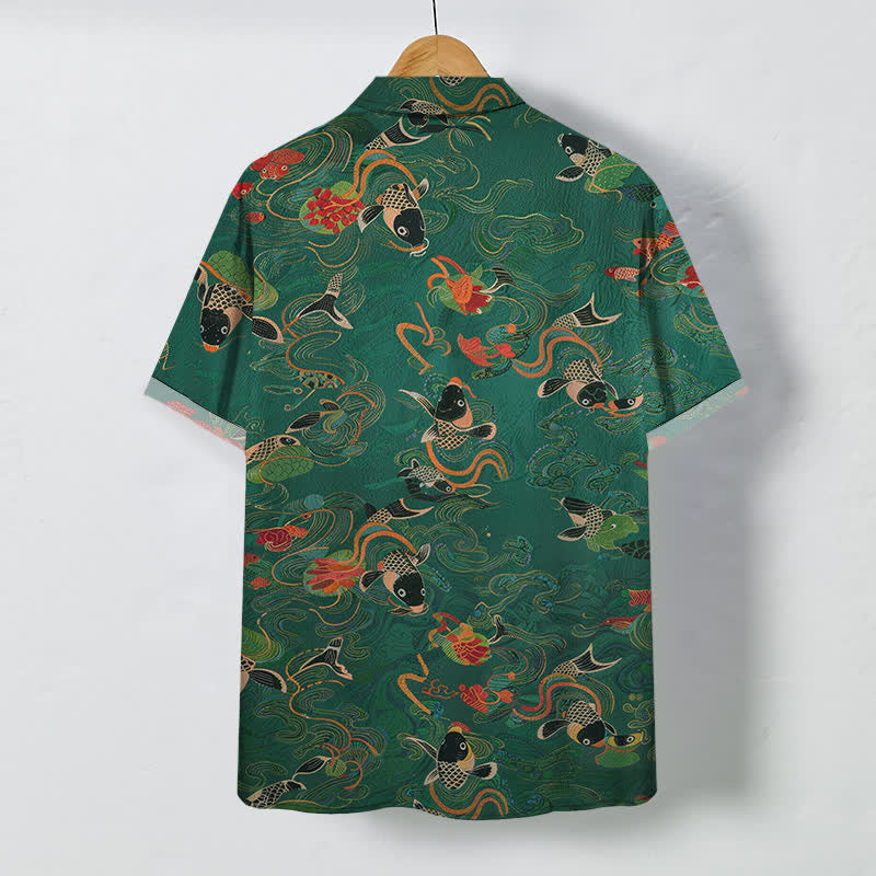 Nimara Ritual Koi Fish Wave Clouds Pattern Buttons Breathable Men's Short Sleeve Shirt