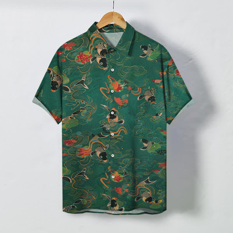 Nimara Ritual Koi Fish Wave Clouds Pattern Buttons Breathable Men's Short Sleeve Shirt