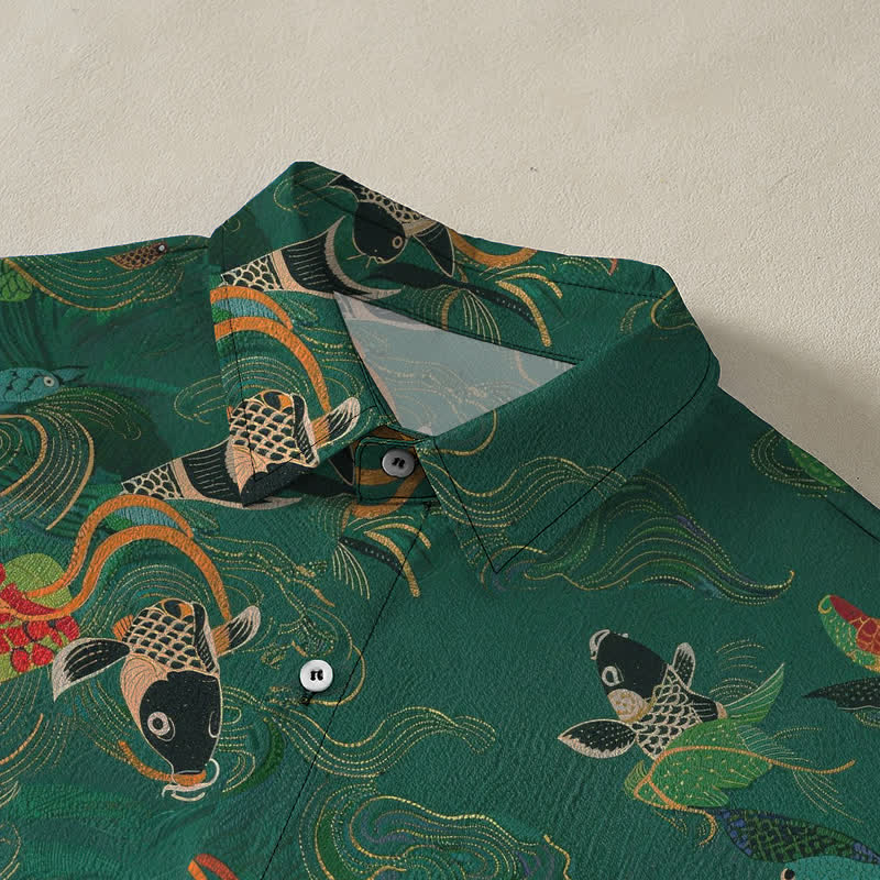 Nimara Ritual Koi Fish Wave Clouds Pattern Buttons Breathable Men's Short Sleeve Shirt