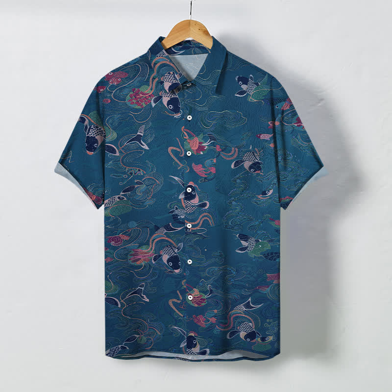 Nimara Ritual Koi Fish Wave Clouds Pattern Buttons Breathable Men's Short Sleeve Shirt