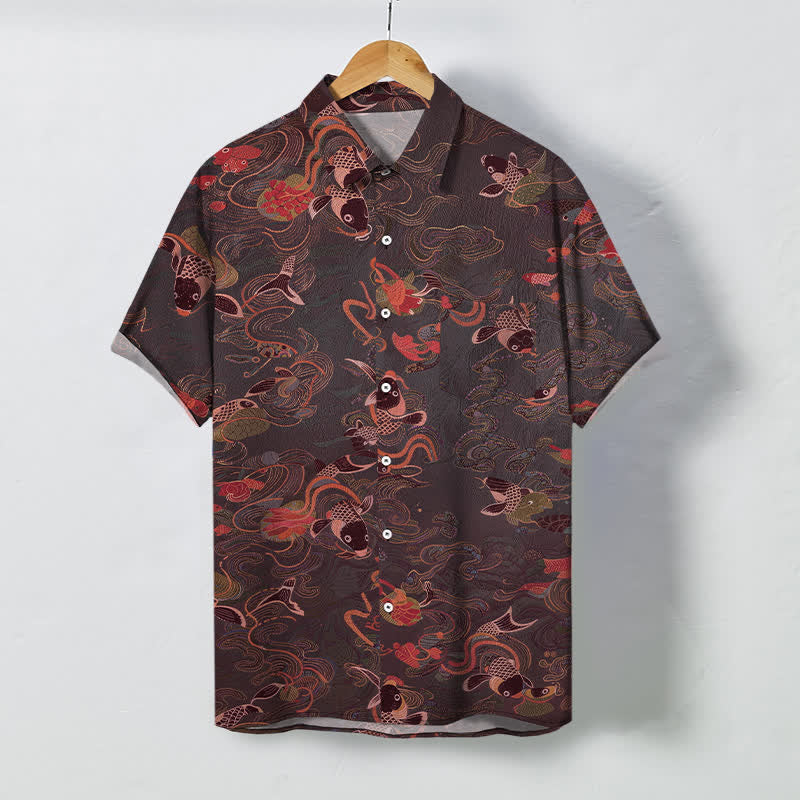 Nimara Ritual Koi Fish Wave Clouds Pattern Buttons Breathable Men's Short Sleeve Shirt