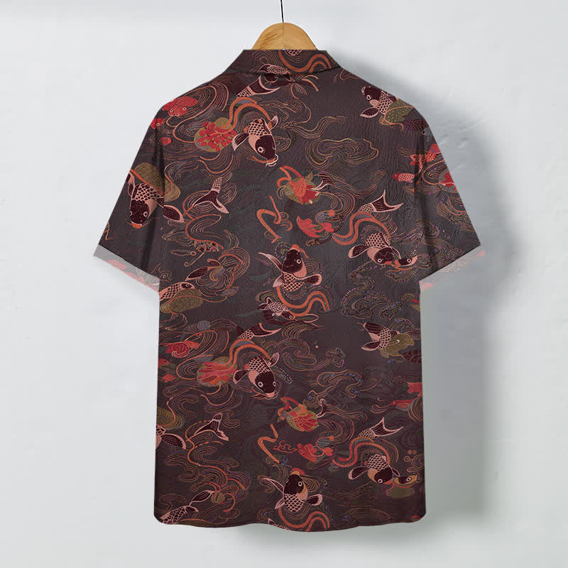 Nimara Ritual Koi Fish Wave Clouds Pattern Buttons Breathable Men's Short Sleeve Shirt