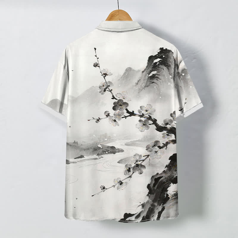 Nimara Ritual Ink Landscape Plum Blossom Pattern Buttons Wrinkle-resistant Men's Short Sleeve Shirt