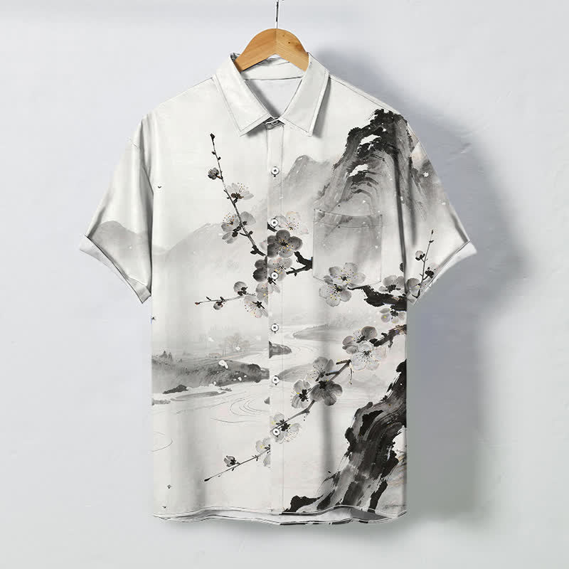 Nimara Ritual Ink Landscape Plum Blossom Pattern Buttons Wrinkle-resistant Men's Short Sleeve Shirt