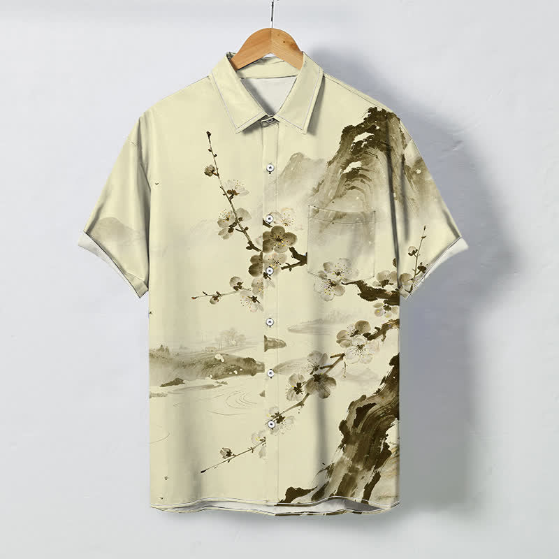 Nimara Ritual Ink Landscape Plum Blossom Pattern Buttons Wrinkle-resistant Men's Short Sleeve Shirt