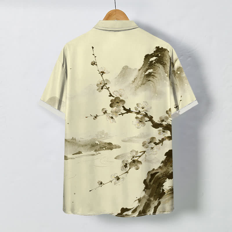 Nimara Ritual Ink Landscape Plum Blossom Pattern Buttons Wrinkle-resistant Men's Short Sleeve Shirt