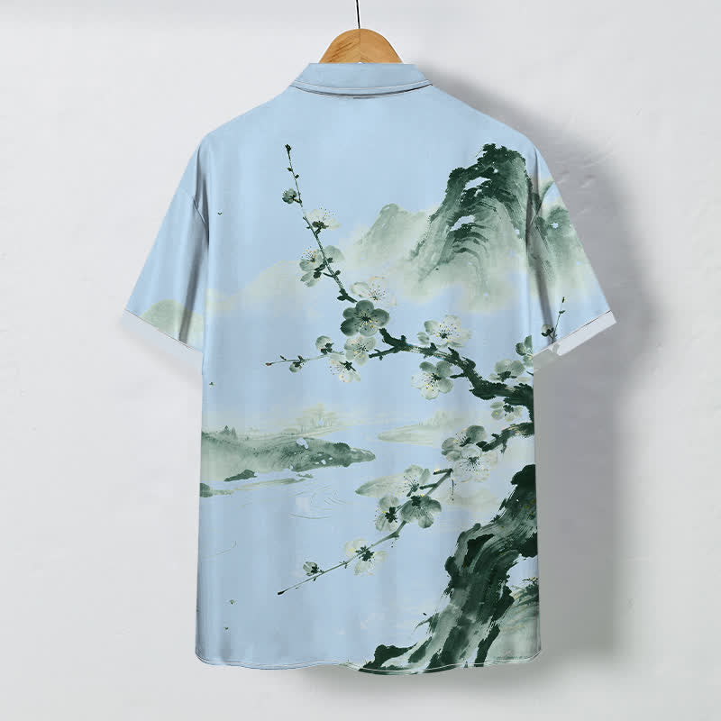Nimara Ritual Ink Landscape Plum Blossom Pattern Buttons Wrinkle-resistant Men's Short Sleeve Shirt